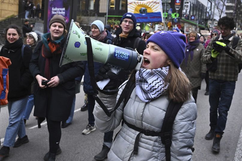 Climate activist Greta Thunberg attends the Fridays for Future climate strike in Stockholm, Sweden, Friday April 19, 2024.