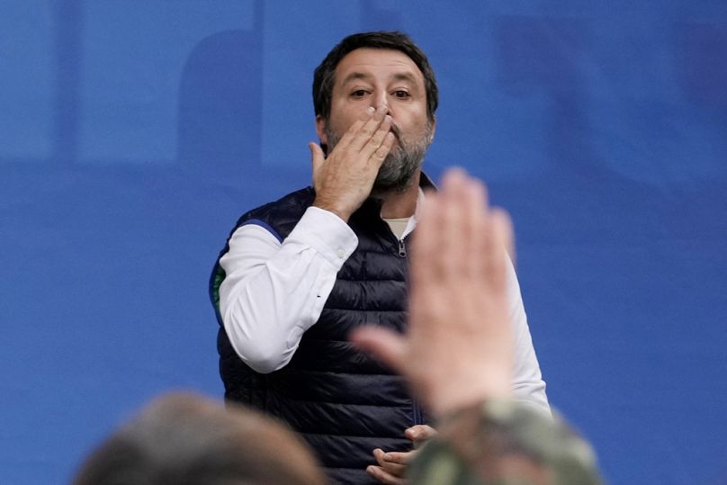 Matteo Salvini, leader of the far-right League party, attends a "pro-West" and "anti-fundamentalist" event in Milan, 2023.