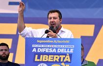 Matteo Salvini olasz miniszterelnök-helyettes, a Liga elnöke pártjának nagygyűlésén Pontidában 2023. szeptember 17-én.