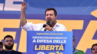 Matteo Salvini olasz miniszterelnök-helyettes, a Liga elnöke pártjának nagygyűlésén Pontidában 2023. szeptember 17-én.