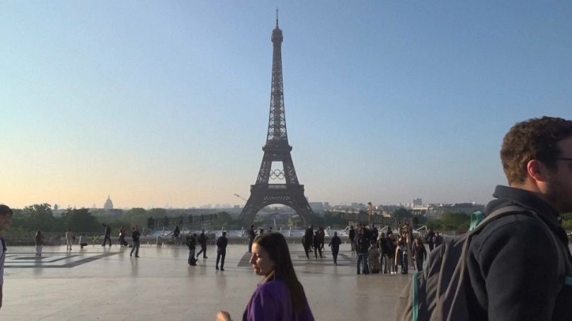 The structure of rings displayed on the south side of the Eiffel Tower in central Paris.