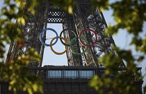 The Eiffel Tower with the Olympic Games's five rings hanging from it. June 7th 2024