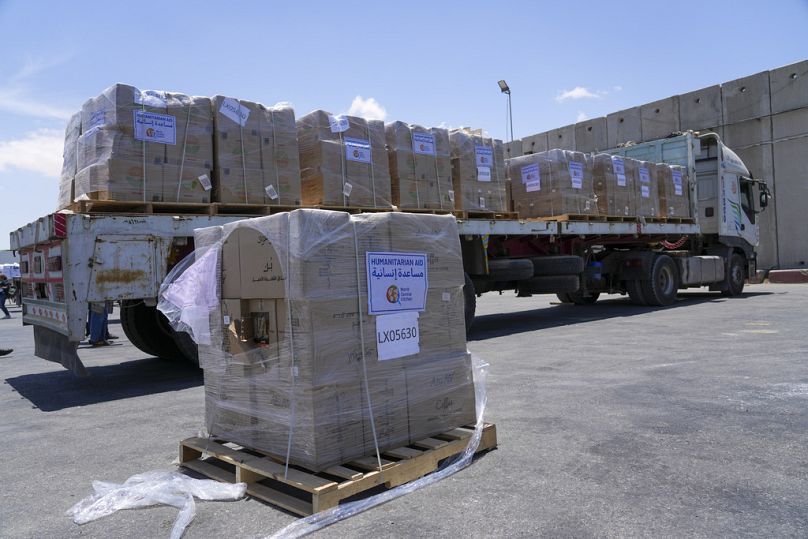 A bundle of humanitarian aid for the Gaza Strip with the logo of World Central Kitchen (WCK) is on a truck at the Kerem Shalom border crossing in southern Israel, May 2024.