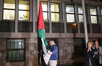 The Palestinian flag is raised in front of the Slovenian parliament building after the vote in Ljubljana, Slovenia, Tuesday, June 4, 2024.