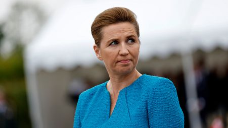 Denmark's Prime Minister Mette Frederiksen attends a ceremony at the Danish monument outside of Sainte Marie du Mont, Normandy, Thursday, June 6, 2024. 