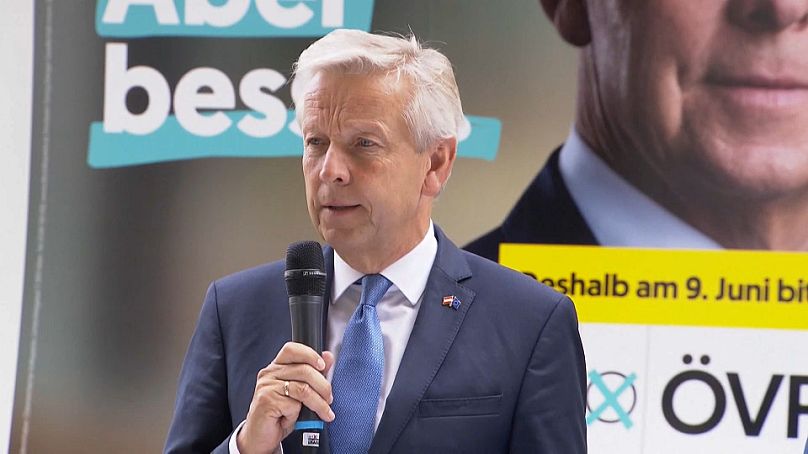OeVP candidate Reinhold Lopatka speaking at a campaign event in Vienna, June 7, 2024