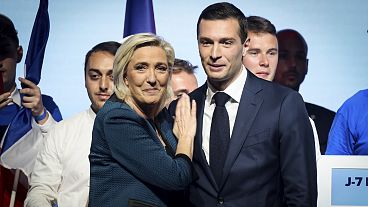 Marine Le Pen, left and Jordan Bardella of the far-right National Rally party during a political meeting a political meeting on June 2, 2024 in Paris. 