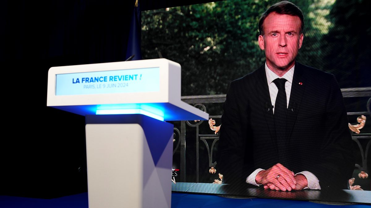 Annonce d'Emmanuel Macron diffusée au QG du RN à Paris, France, dimanche 9 juin 2024.
