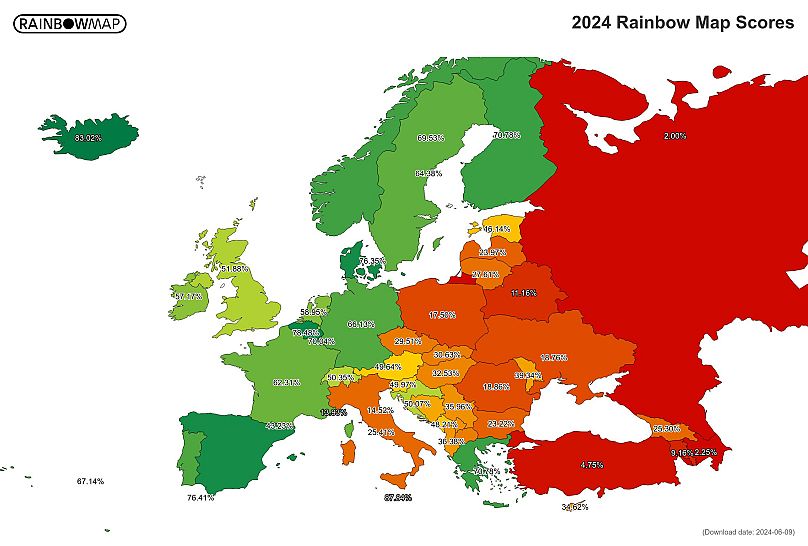 Rainbow map of state of LGBTQ legislation  across Europe