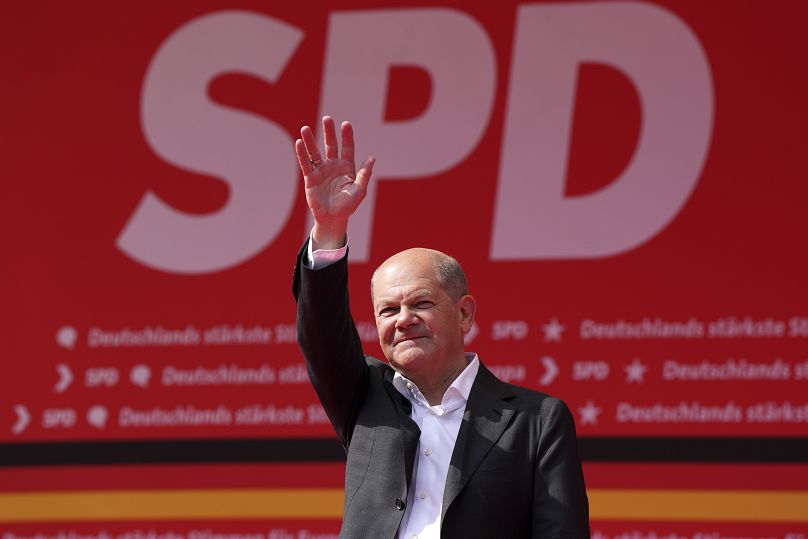 German Chancellor Olaf Scholz speaks during the closing rally campaign for the European Parliament election of the SPD in Duisburg, June 8, 2024