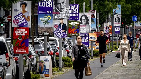 People walk past elections posters for the European elections in Frankfurt, Germany