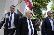 Jaroslaw Kaczynski, leader of the biggest right wing opposition Law and Justice party eaves after voting in the European elections in Warsaw, 9 June 2024
