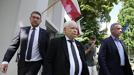 Jaroslaw Kaczynski, leader of the biggest right wing opposition Law and Justice party eaves after voting in the European elections in Warsaw, 9 June 2024