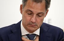 Belgian Prime Minister Alexander De Croo, pauses during a press conference in Brussels, 17 October 2023