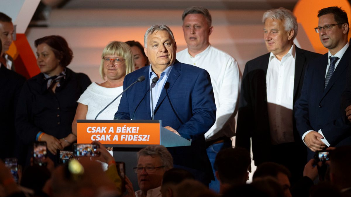 Hungarian Prime Minister Viktor Orban addresses the media after receiving the results of the European Parliamentary elections in Budapest, Hungary, Monday, June 10, 2024. 