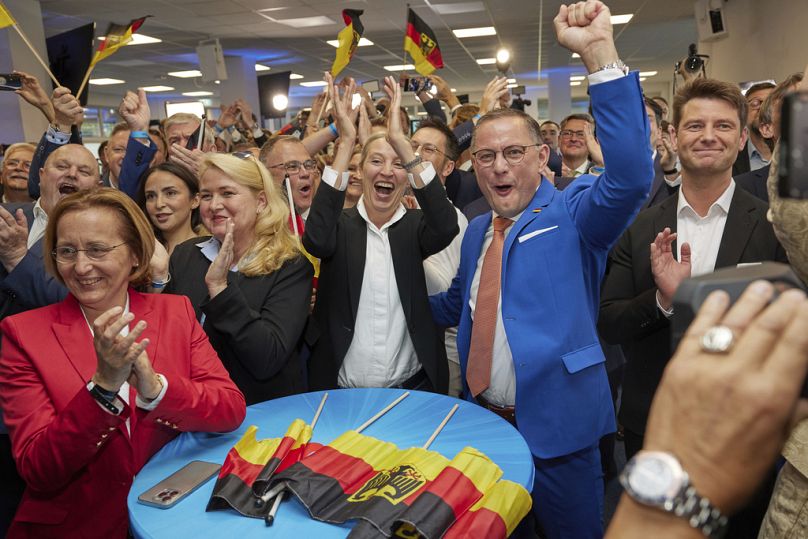 Alice Weidel, center, and Tino Chrupalla, center right, both AfD federal chairmen, cheer at the AfD party headquarters during the forecast for the European election in Berlin.