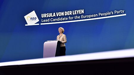 Lead candidate for the European Commission, current European Commission President Ursula von der Leyen, speaks during an election event at the European Parliament in Brussels