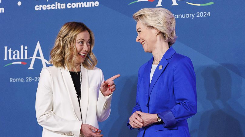 talian Premier Giorgia Meloni, left, shares a light moment as she welcomes President of the European Commission Ursula von der Leyen on Jan. 29, 2024.