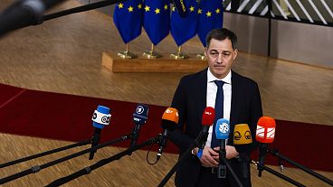 Belgium's Prime Minister Alexander De Croo arrives for a round table meeting at an EU summit in Brussels, April 18, 2024.