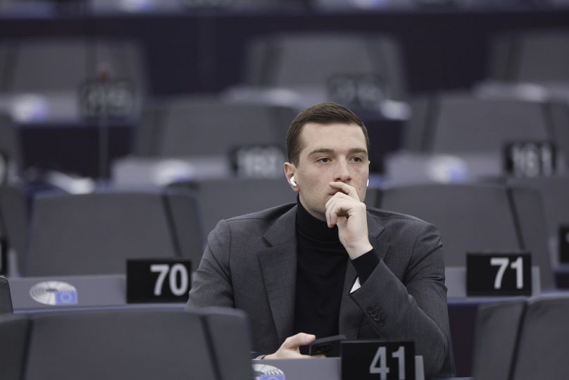 French Far-right party National Rally president Jordan Bardella at the European Parliament, Tuesday, Jan. 16, 2024 in Strasbourg