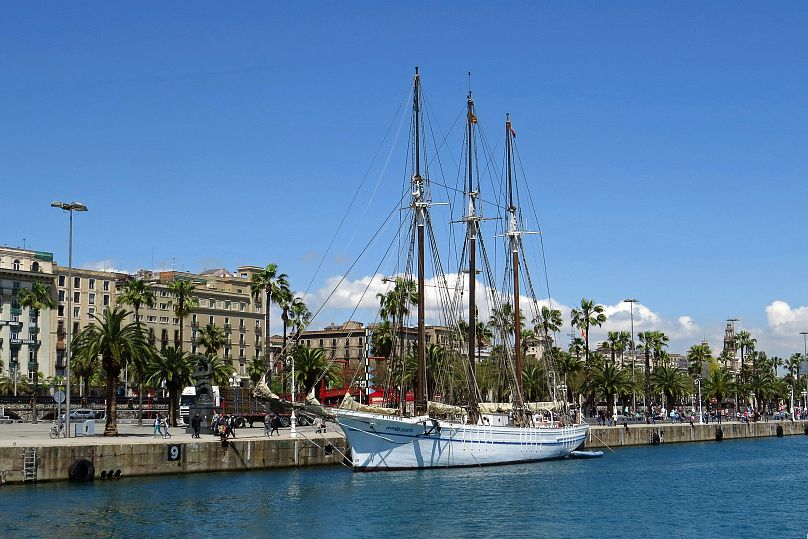 A boat moored in Port de Barcelona, Spain.