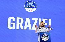 Italian Prime Minister Giorgia Meloni speaks about the results of the European Parliamentary elections at a press conference at the Fratelli d'Italia party.