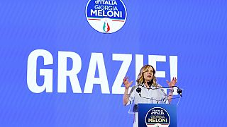 Italian Prime Minister Giorgia Meloni speaks about the results of the European Parliamentary elections at a press conference at the Fratelli d'Italia party.