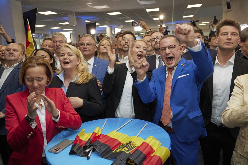 Alice Weidel, center, and Tino Chrupalla, center rught, both AfD federal chairmen, cheer at the AfD party headquarters during the forecast for the European elections, in Berli