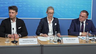 Der neue AfD-Delegationsleiter im Europaparlament Rene Aust mit den Co-Vorsitzenden Alice Weidel und Tino Chrupalla