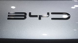 Le logo BYD est photographié lors de la journée de presse du 91e Salon international de l'automobile de Genève (GIMS) à Genève, en Suisse, le lundi 26 février 2024. 