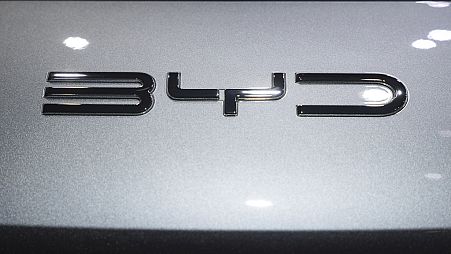 The BYD logo is pictured during the press day at the 91th Geneva International Motor Show (GIMS) in Geneva, Switzerland, Monday, Feb. 26, 2024. 