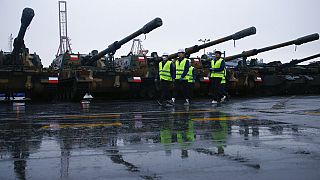  K9 howitzers in the Polish Navy port of Gdynia, Poland, Tuesday, Dec. 6, 2022.(AP Photo/Czarek Sokolowski)