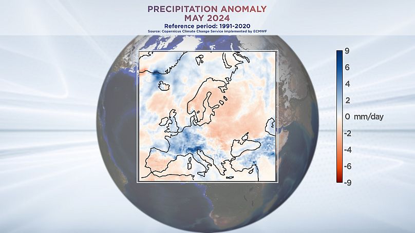 Anomalía de precipitaciones en mayo de 2024. Datos del Servicio de Cambio Climático de Copernicus, implementado por ECMWF