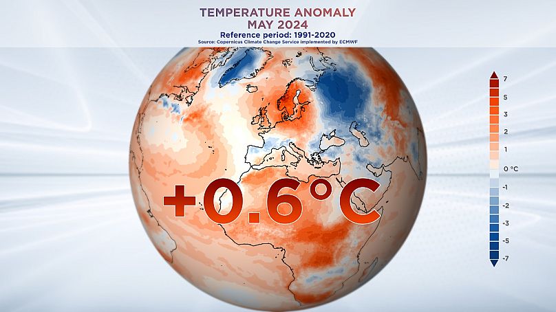 الشذوذ في درجات الحرارة في مايو/أيار 2024 بيانات من هيئة كوبرنكس لتغير المناخ طبقها المركز الأوروبي للتنبؤات الجوية المتوسطة المدى