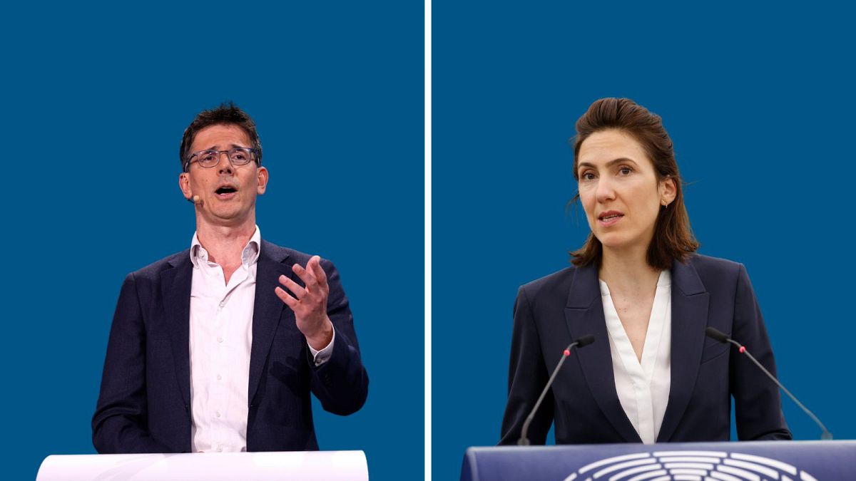 Bas Eickhout, candidat principal des Verts européens, et Valerie Hayer, du parti présidentiel Renew, lors d'un événement électoral.