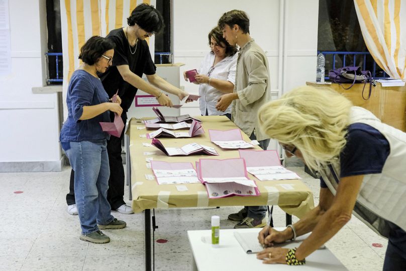 Polls at the conclusion of voting in the polling stations for the 2024 European elections in Rome, on Sunday, June 9, 2024.