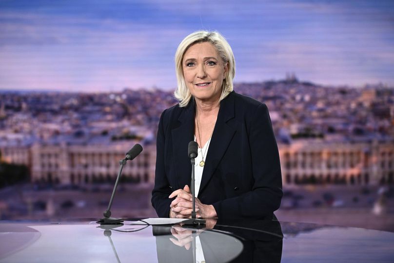 French far-right National Rally (RN) party leader Marine Le Pen speaks during an interview on French TV channel TF1, in Boulogne-Billancourt, outside Paris, June 10, 2024. 
