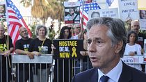 Antony Blinken speaks to the media as after meeting with families of Israelis held hostage in Tel Aviv, Israel, Tuesday, June 11, 2024. (Jack Guez, Pool Photo via AP)