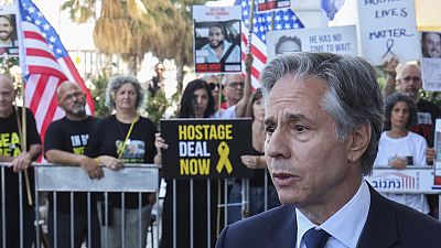 Antony Blinken speaks to the media as after meeting with families of Israelis held hostage in Tel Aviv, Israel, Tuesday, June 11, 2024. (Jack Guez, Pool Photo via AP)