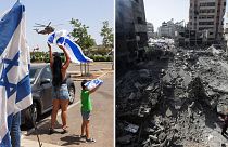 ویرانه‌های بمباران اسرائیل در اردوگاه پناهندگان نصیرات (راست) و استقبال از بالگرد حامل گروگان‌های اسرائیلی (چپ) هر دو در تاریخ ۸ ژوئن 2024