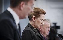 Danish Prime Minister Mette Frederiksen, center, speaks during a press conference, Copenhagen, Wednesday, March 13, 2024. 