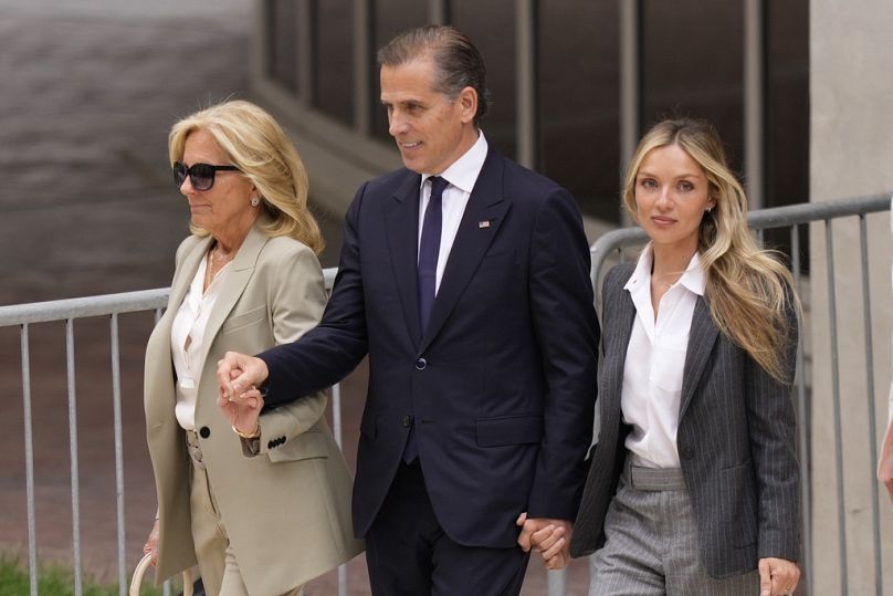 Hunter Biden accompanied by his mother, first lady Jill Biden and his wife, Melissa Cohen Biden, walks out of federal court after hearing the verdict, Tuesday, June 11, 2024,