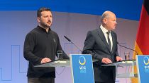 Olaf Scholz német kancellár és Volodimir Zelenszkij ukrán elnök