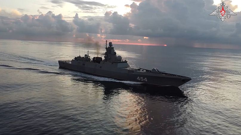 n this photo taken from video released by Russian Defense Ministry Press Service on Tuesday, June 11, 2024, the Russian navy's Admiral Gorshkov frigate is seen en route to Cub