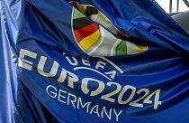 A tarp showing the logo of the Euro 2024 is pictured in the fan zone at the river Main in Frankfurt, Germany, Friday, June 7, 2024