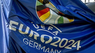A tarp showing the logo of the Euro 2024 is pictured in the fan zone at the river Main in Frankfurt, Germany, Friday, June 7, 2024