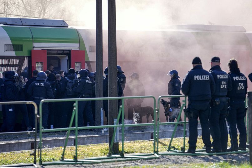 Hundreds of German local state police and federal police practice tactics in preparation for the European Championship in the village of Stützerbach.