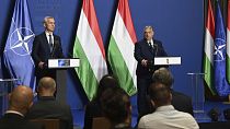 Hungarian Prime Minister Viktor Orban, right, and NATO Secretary General Jens Stoltenberg hold a press conference following their meeting in Budapest, 12 June 2024