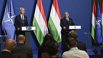 Hungarian Prime Minister Viktor Orban, right, and NATO Secretary General Jens Stoltenberg hold a press conference following their meeting in Budapest, 12 June 2024
