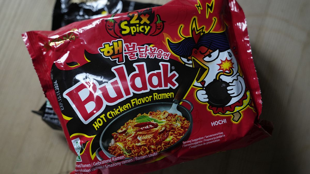 In this photo illustration two packets of Samyang noodles are pictured in London, 12 June 2024